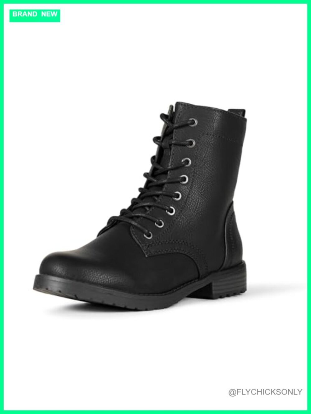Women's Lace-Up Combat Boots with Lug Sole and Side Zipper, Faux Leather
